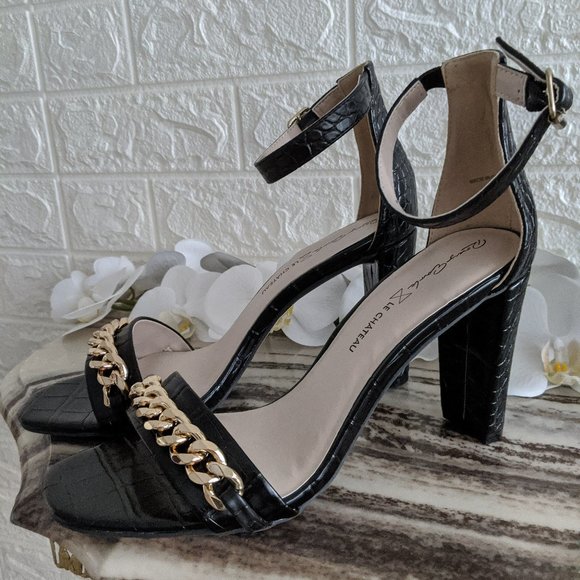 Le Chateau BNWB GOLD chain black croc leather Wedge Heels Sandals size 7.5 - Picture 2 of 4